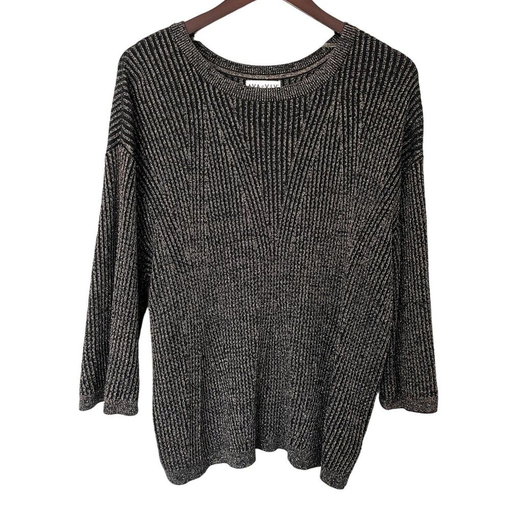 Ava & Viv Black and Metallic Gold Ribbed Elbow Sleeve‎ Sweater Size 1x
